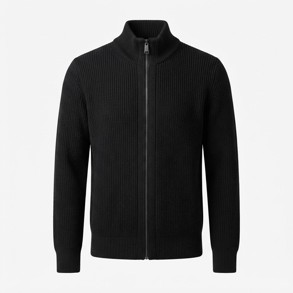 Marquis 9458 Half-Zip Ribbed Cardigan — Solid Black Ribbed Cotton