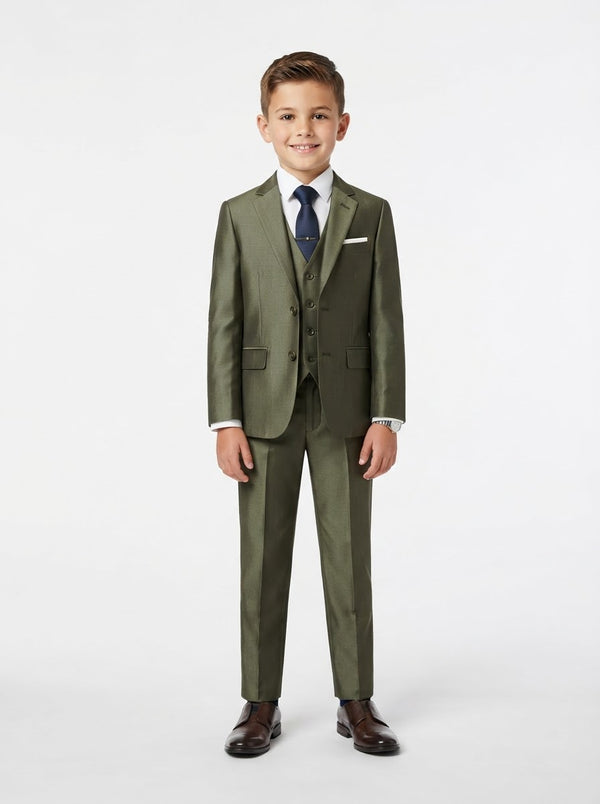 B361 Boy Solid Sharkskin 5PC Suit Set — Olive w/ Notch Lapel