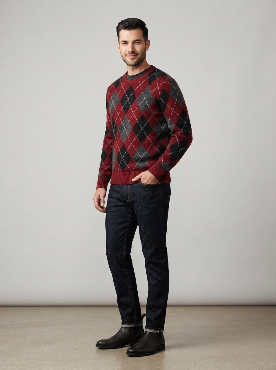 LSW4 Argyle Crew Neck Sweater — Red Argyle