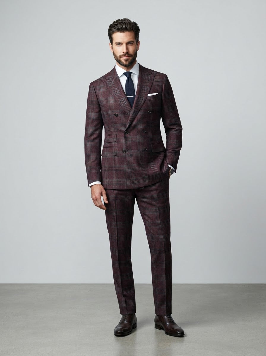 Executive DRW-2 Double Breasted Suit — Burgundy Glen Plaid
