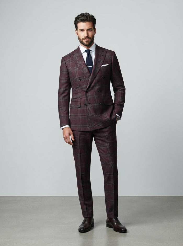 Executive DRW-2 Double Breasted Suit — Burgundy Glen Plaid