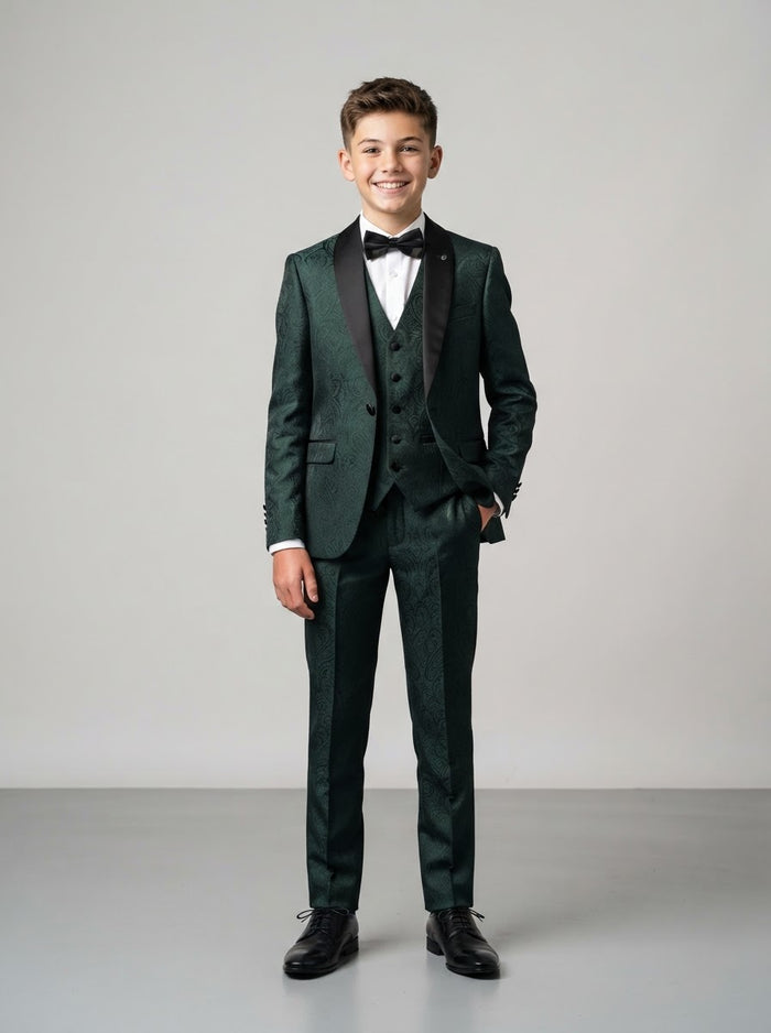 B391 Boy Paisley 5PC Suit Set — Green Paisley w/ Satin Shawl Collar