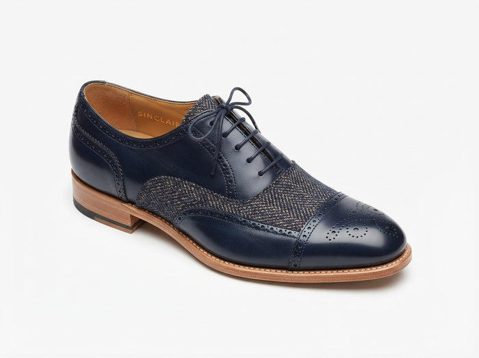 SINCLAIR Cap Toe Lace Oxford — Navy & Tan Woven Fabric Panel w/ Cap Toe