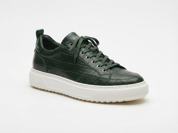 TIMO Rubber Welt Sneaker — Forest Green Croco Embossed Leather w/ Green Laces
