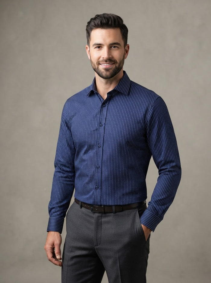 MSL17 Fine Touch Microfiber Shirt — Navy Pinstripe Dot
