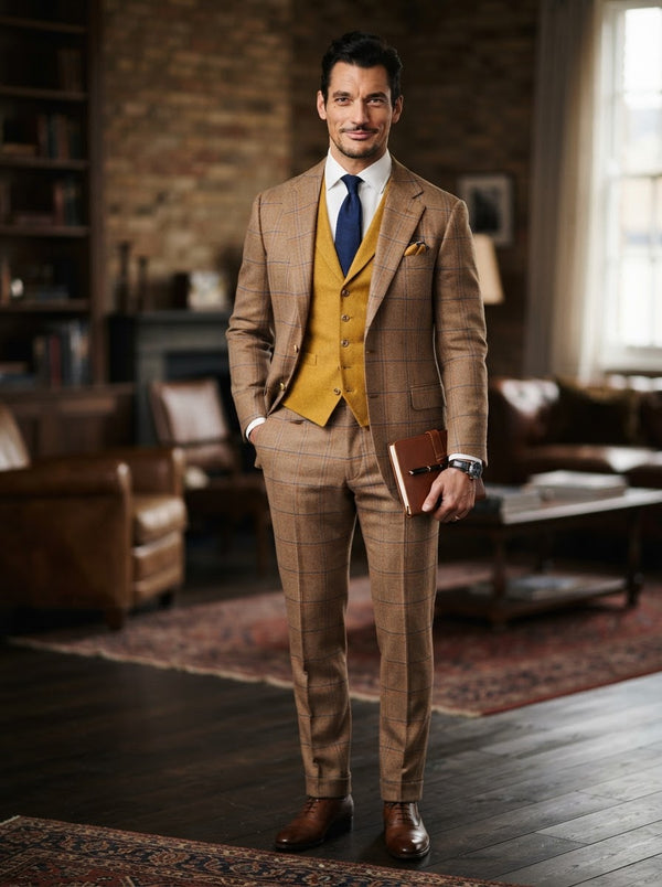 Hartford 3PC Tailored Suit Set — Camel Brown Plaid w/ Solid Gold Vest
