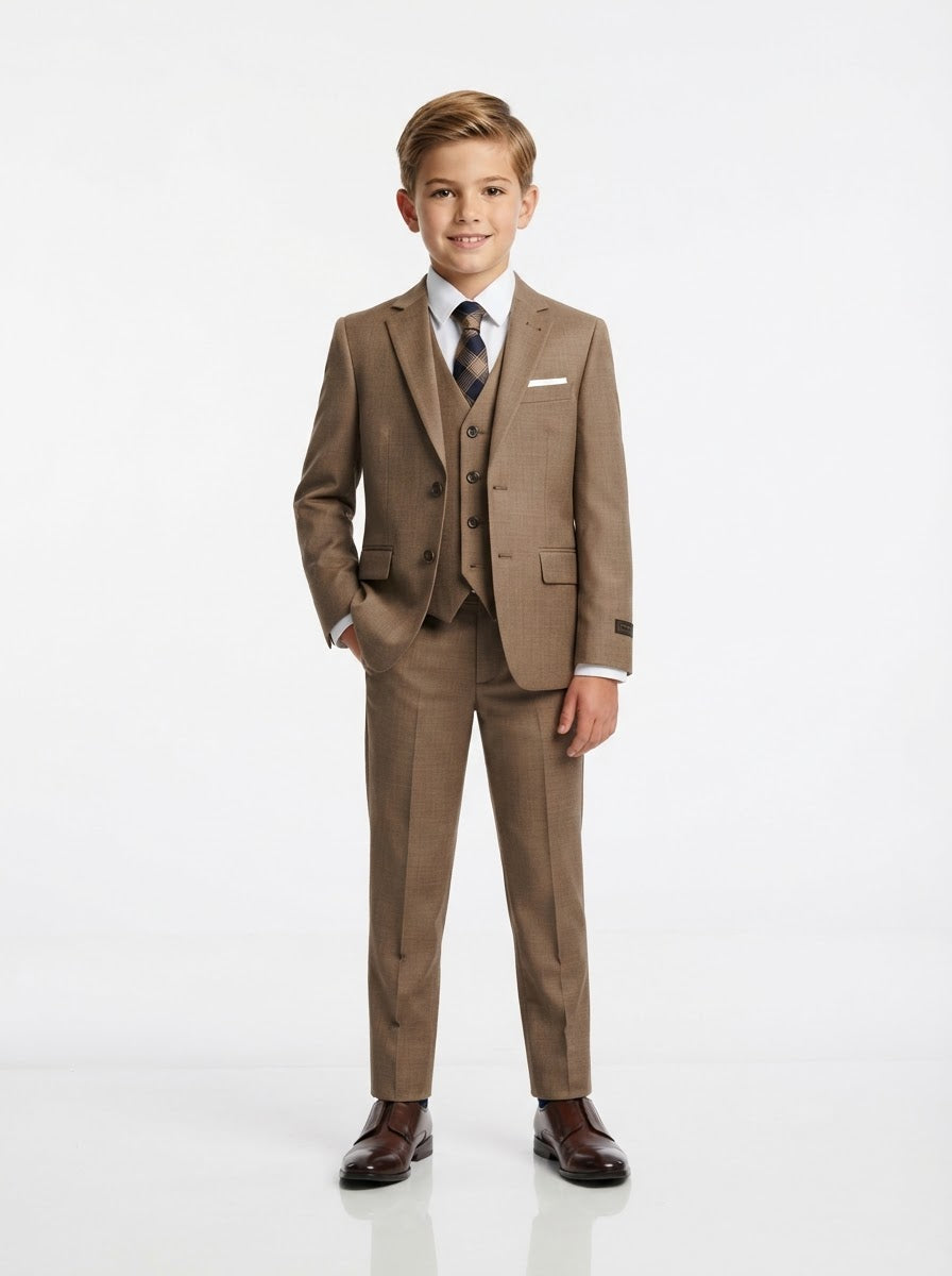 B361 Boy Solid Sharkskin 5PC Suit Set — Dark Tan w/ Notch Lapel
