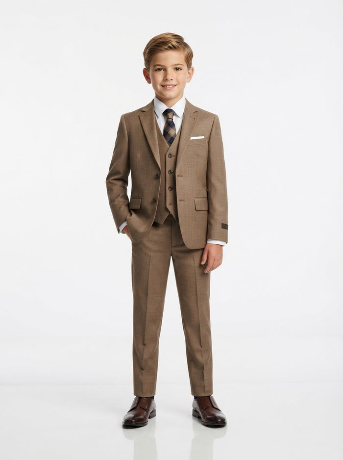 B361 Boy Solid Sharkskin 5PC Suit Set — Dark Tan w/ Notch Lapel