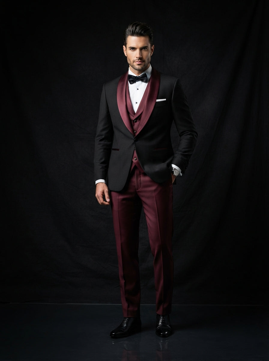 Arya 3PC Tailored Contrast Tuxedo — Black w/ Wide Burgundy Shawl Lapel & Vest