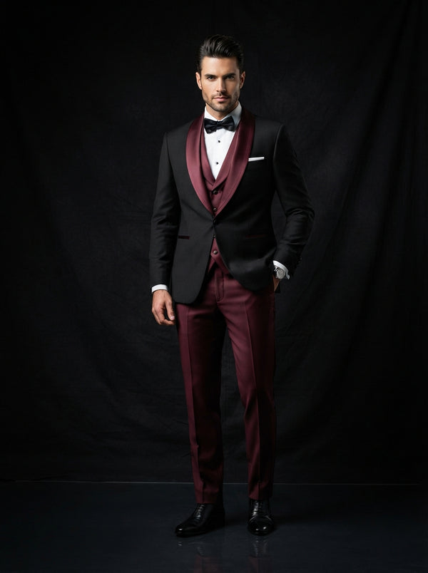 Arya 3PC Tailored Contrast Tuxedo — Black w/ Wide Burgundy Shawl Lapel & Vest