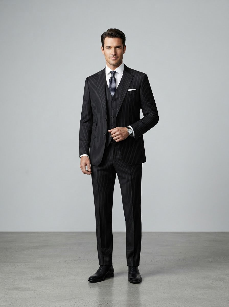 Executive V2RS-7 3PC Pinstripe Suit — Black Pinstripe
