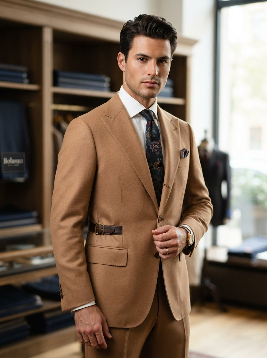 Bolanzo Super 200s Italian Buckle Suit — Camel Tan w/ Side Waist Buckle