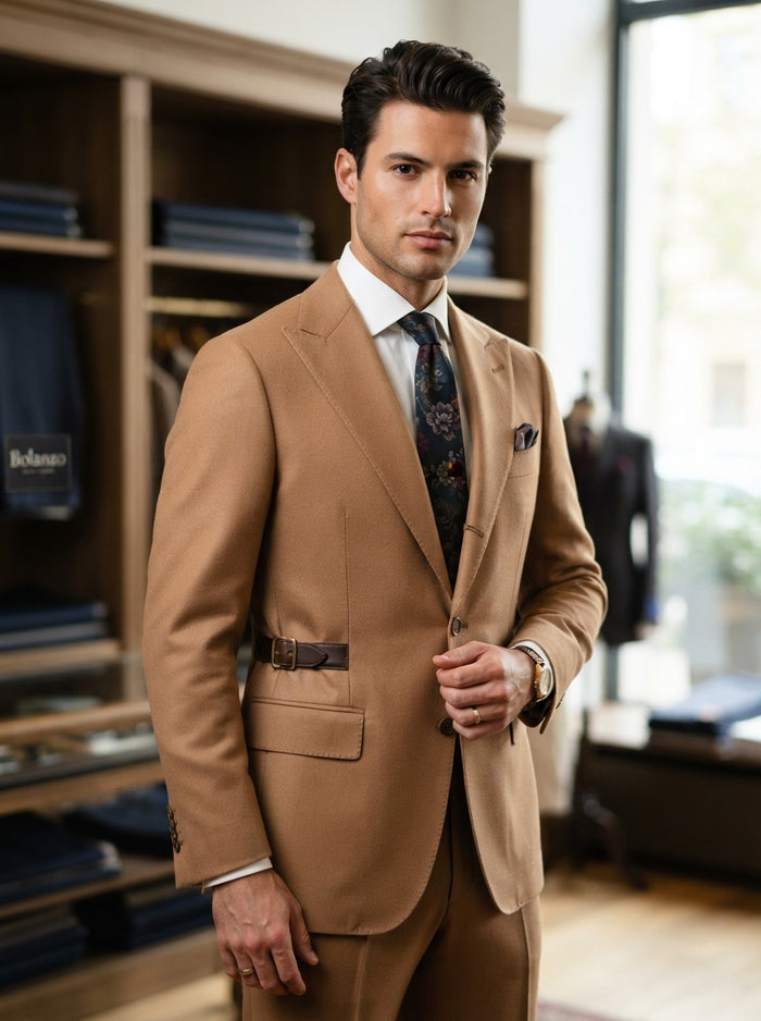 Bolanzo Super 200s Italian Buckle Suit — Camel Tan w/ Side Waist Buckle