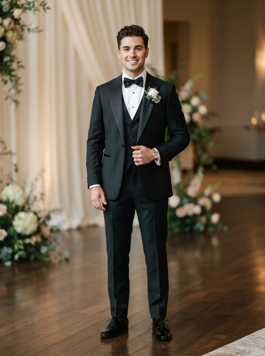 T2000 3PC Notch Lapel Tuxedo — Deep Black Tailored Tuxedo