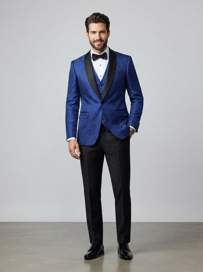 TVSJ-1 Slim Fit 3PC Jacquard Tuxedo — Royal Blue Jacquard w/ Black Lapel