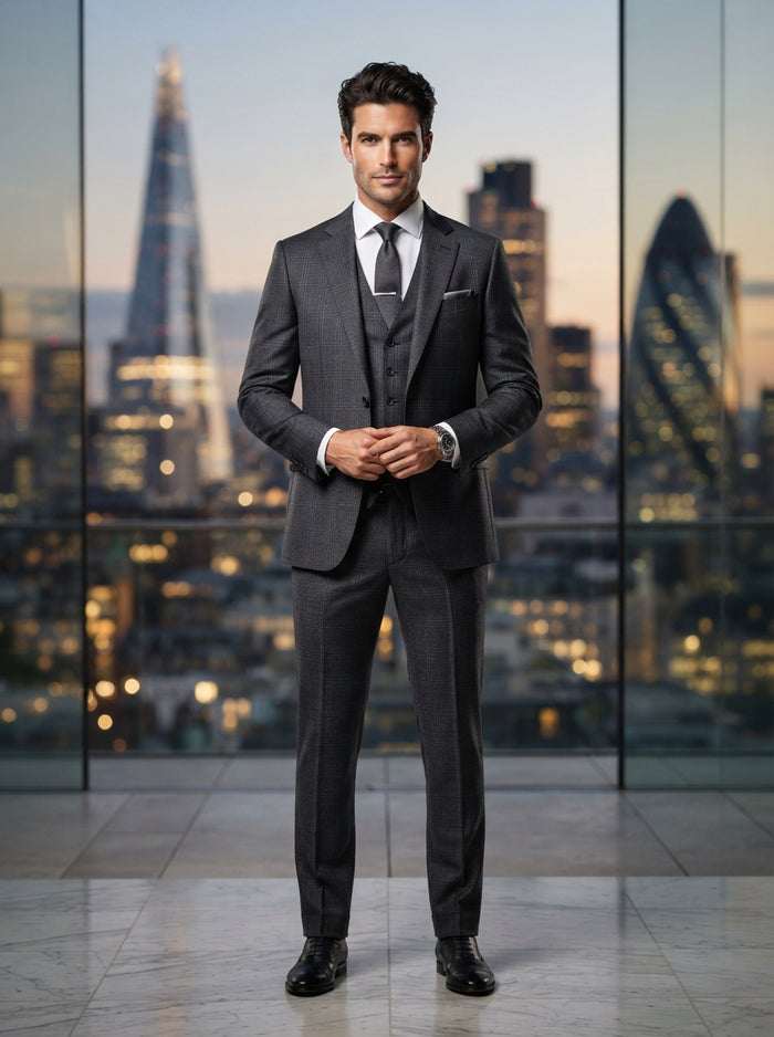 Osteria 3PC Tailored Plaid Suit — Charcoal Grey Super 200s Wool & Cashmere