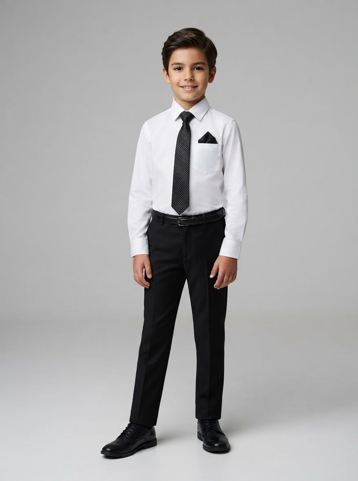 PBTF19 Boy Dress Shirt & Tie Set — White Shirt w/ Black Patterned Tie