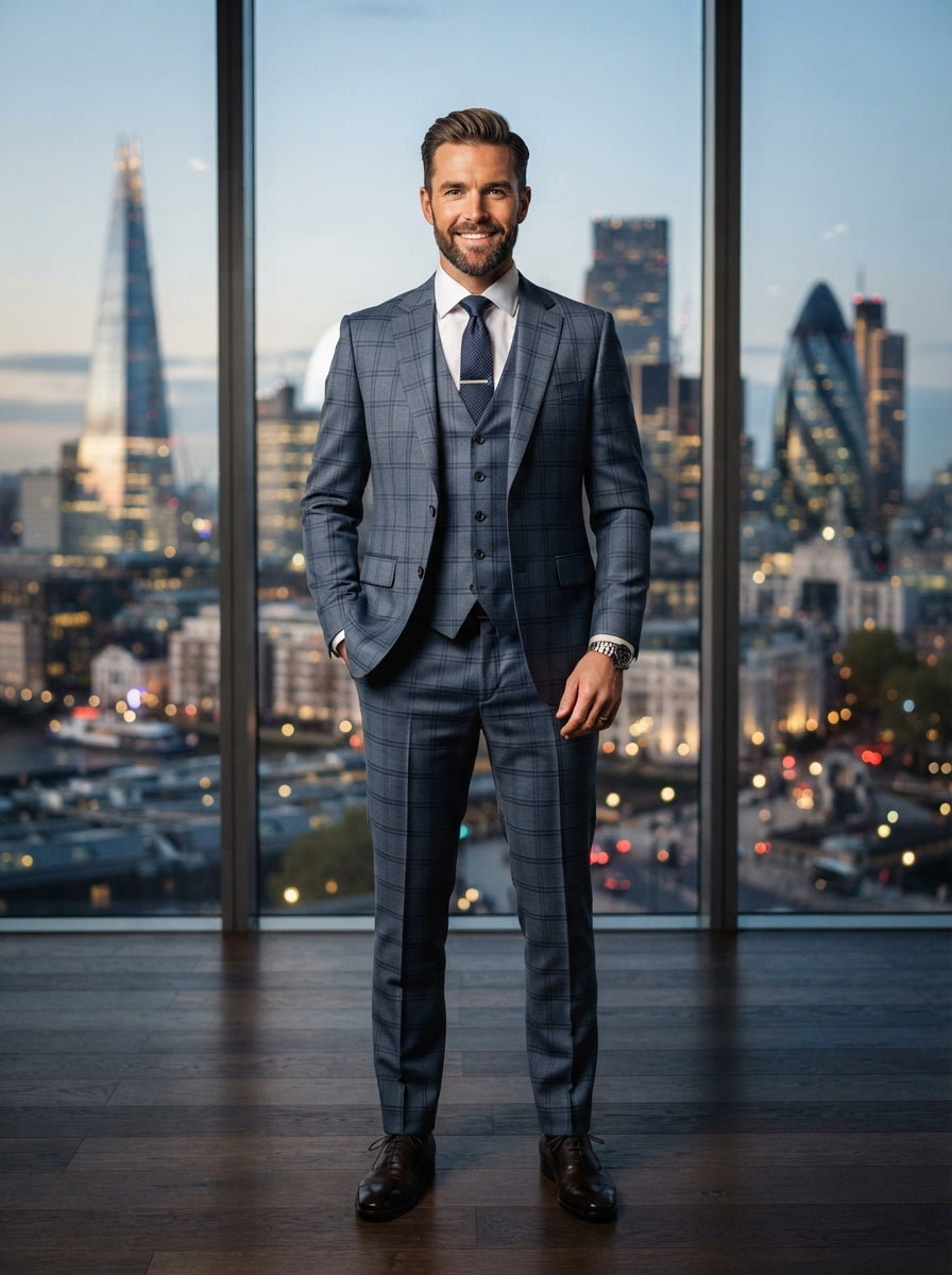 Osteria 3PC Tailored Plaid Suit — Steel Blue Super 200s Wool & Cashmere