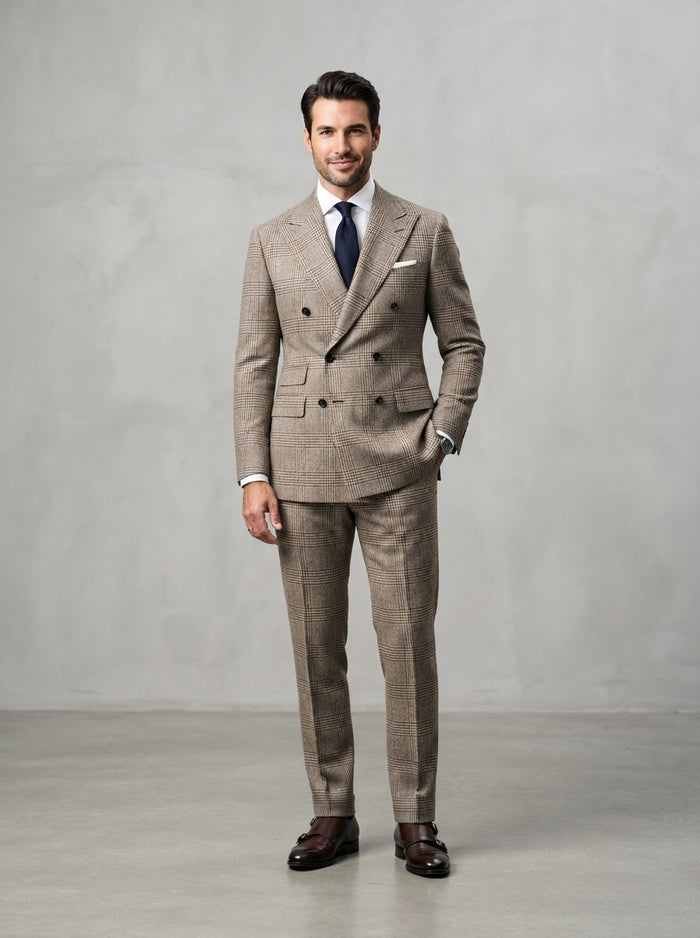 Executive DRW-2 Double Breasted Suit — Beige Glen Plaid