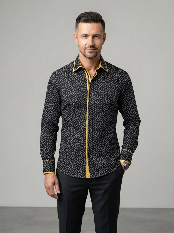 MSL16 Fine Touch Microfiber Shirt — Black Paisley Dot / Yellow Trim