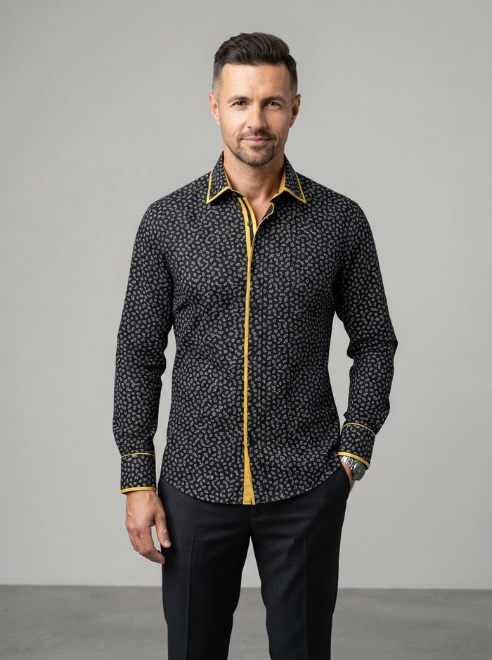 MSL16 Fine Touch Microfiber Shirt — Black Paisley Dot / Yellow Trim