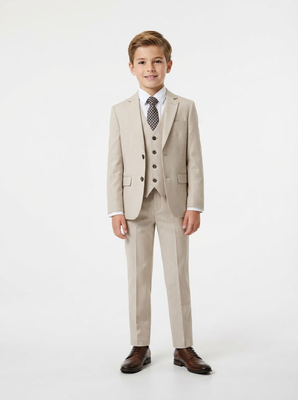 B361 Boy Solid Sharkskin 5PC Suit Set — Light Beige w/ Notch Lapel