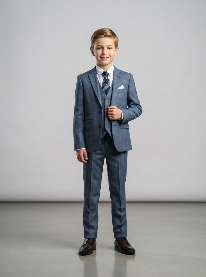 PB363 Boy Solid 5PC Suit Set — Dusty Blue w/ Notch Lapel
