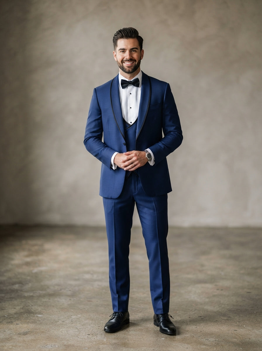 Genova 3PC Modern Fit Tuxedo — Sapphire Blue w/ Black Piped Trim