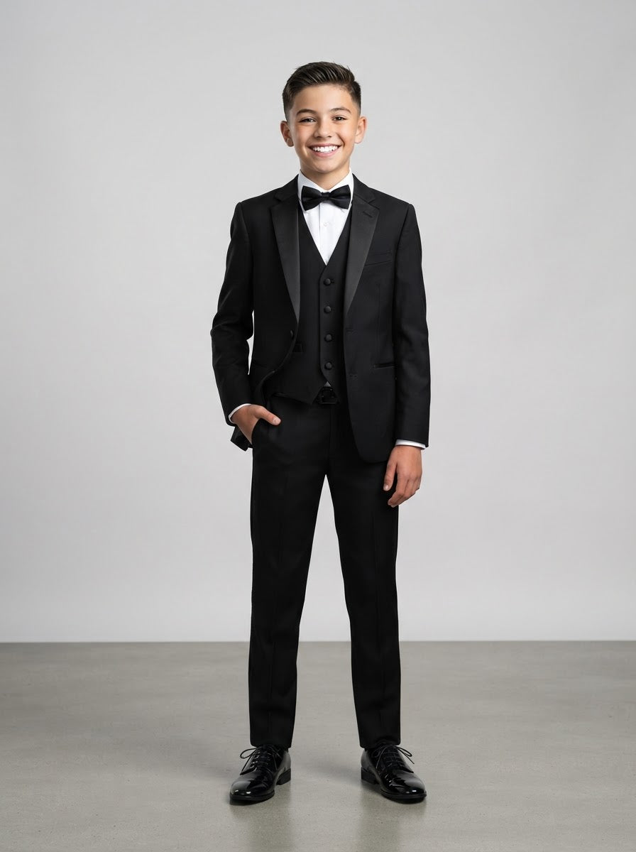 BT200B Boy Solid Tuxedo Set — Black w/ Satin Notch Lapel