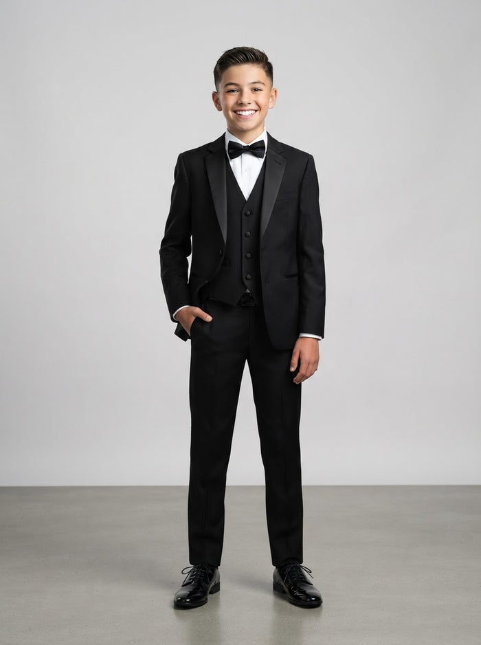 BT200B Boy Solid Tuxedo Set — Black w/ Satin Notch Lapel