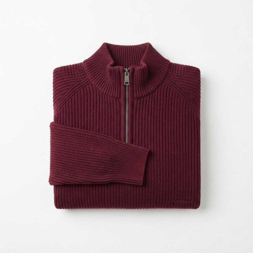 Marquis 9458 Half-Zip Ribbed Cardigan — Burgundy Wine Ribbed Cotton