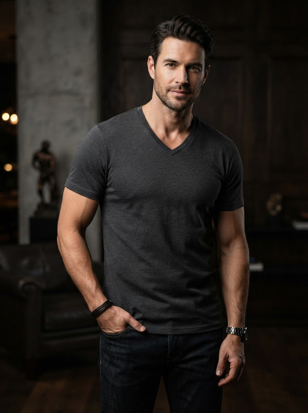 303V V-Neck Luxury Cotton Tee — Charcoal