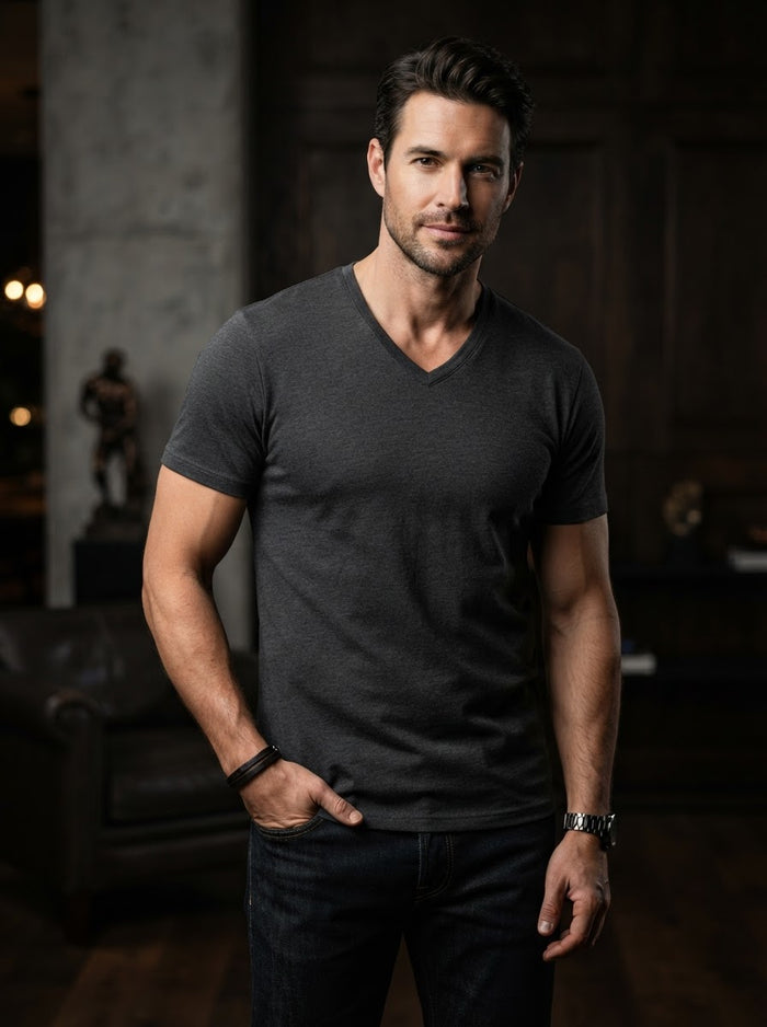 303V V-Neck Luxury Cotton Tee — Charcoal