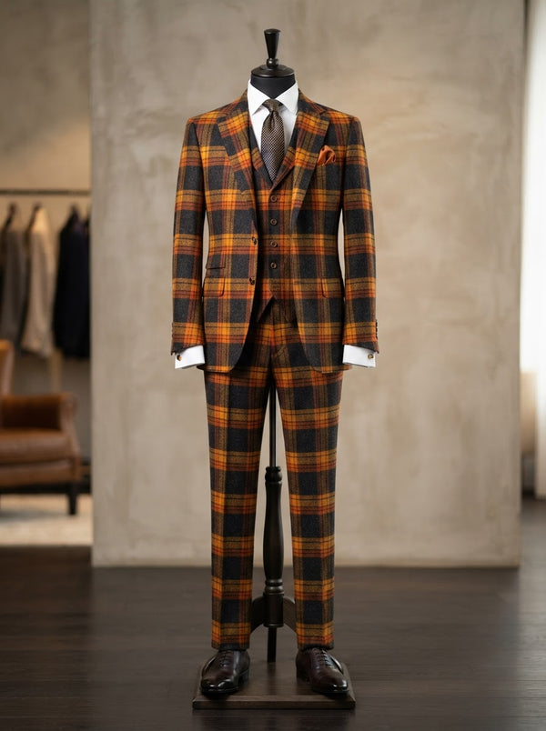 Venus 3PC Plaid Suit Set — Rust Amber Check Super 200s Wool & Cashmere