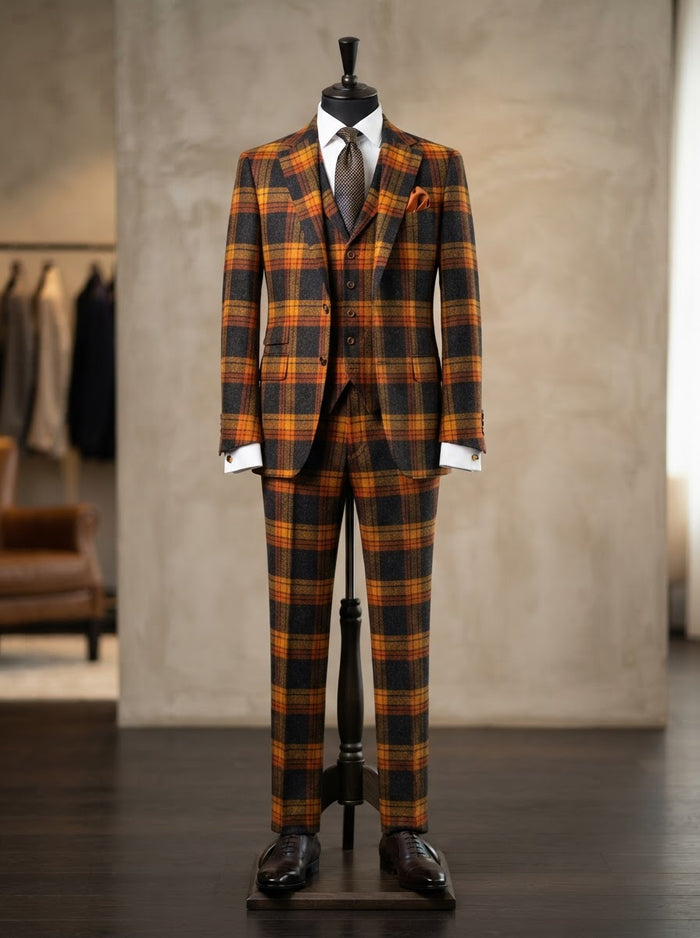 Venus 3PC Plaid Suit Set — Rust Amber Check Super 200s Wool & Cashmere