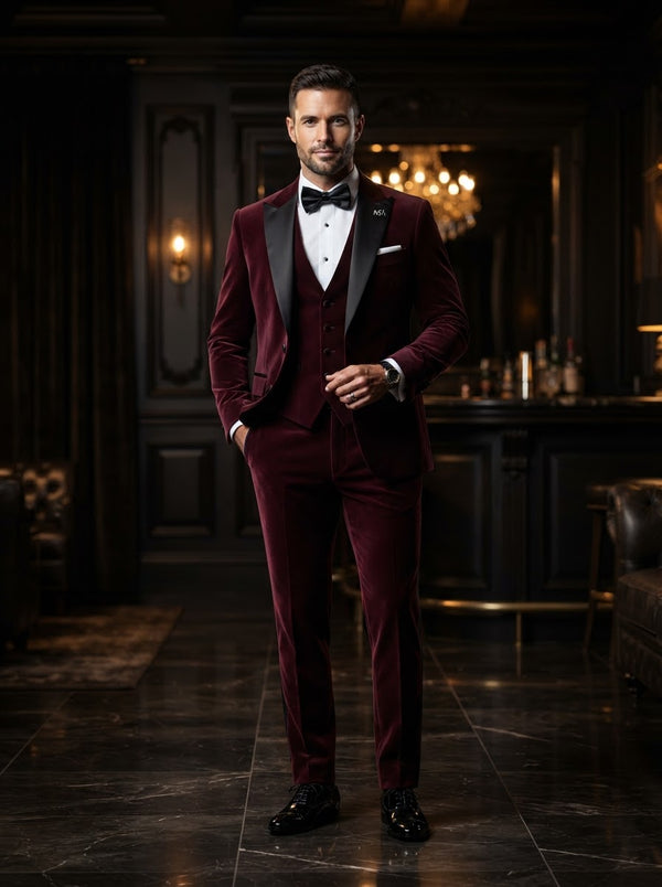 MGM 3PC Tailored Fit Suit Set — Burgundy Wine w/ Black Peak Satin Lapel