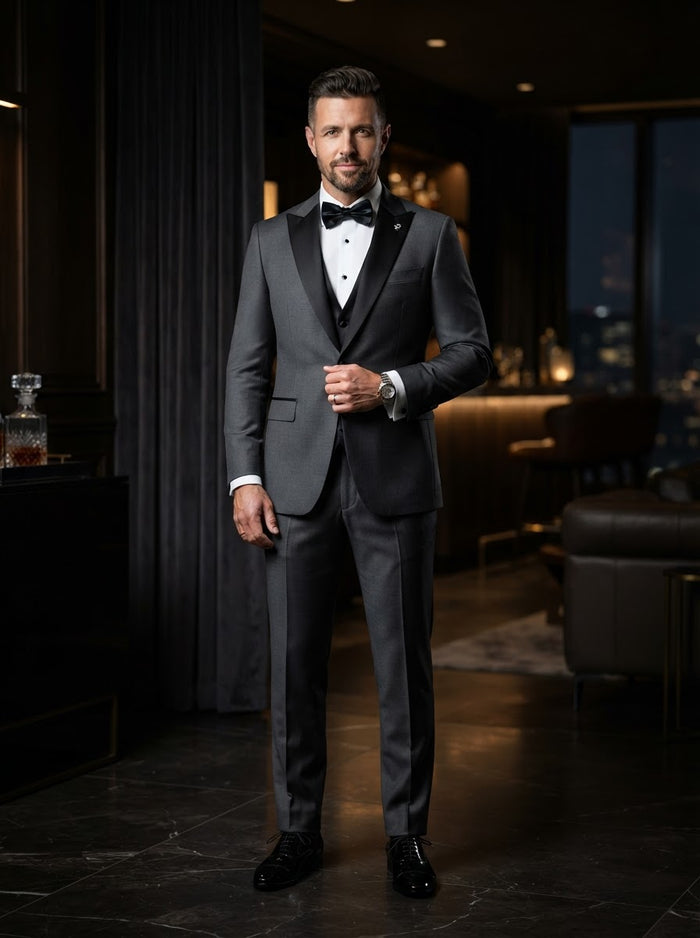 TUX-SH 3PC Tailored Fit Tuxedo — Grey w/ Black Satin Contrast Shawl Lapel