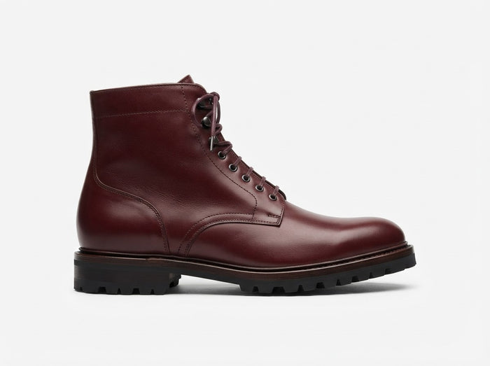 The Walker Plain Toe Lace Boot — Maroon Burgundy Leather w/ Lug Sole