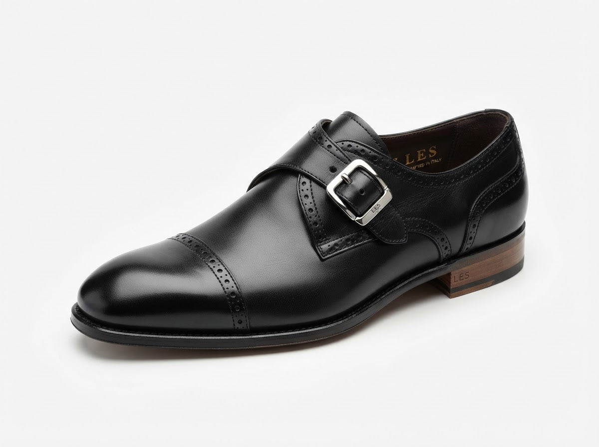 LES Cap Toe Monk Strap — Black Leather w/ Buckle & Perforations