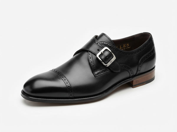 LES Cap Toe Monk Strap — Black Leather w/ Buckle & Perforations
