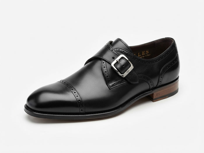 LES Cap Toe Monk Strap — Black Leather w/ Buckle & Perforations