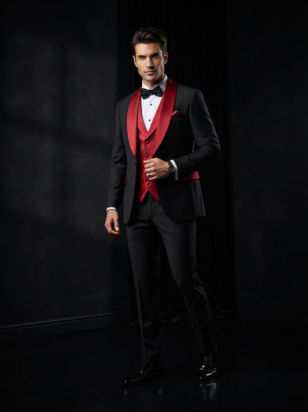 Arya 3PC Tailored Contrast Tuxedo — Black w/ Wide Red Shawl Lapel & Vest