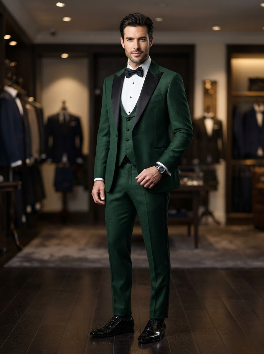 Tux-PK 3PC Peak Lapel Tuxedo — Hunter Green Super 180s Wool