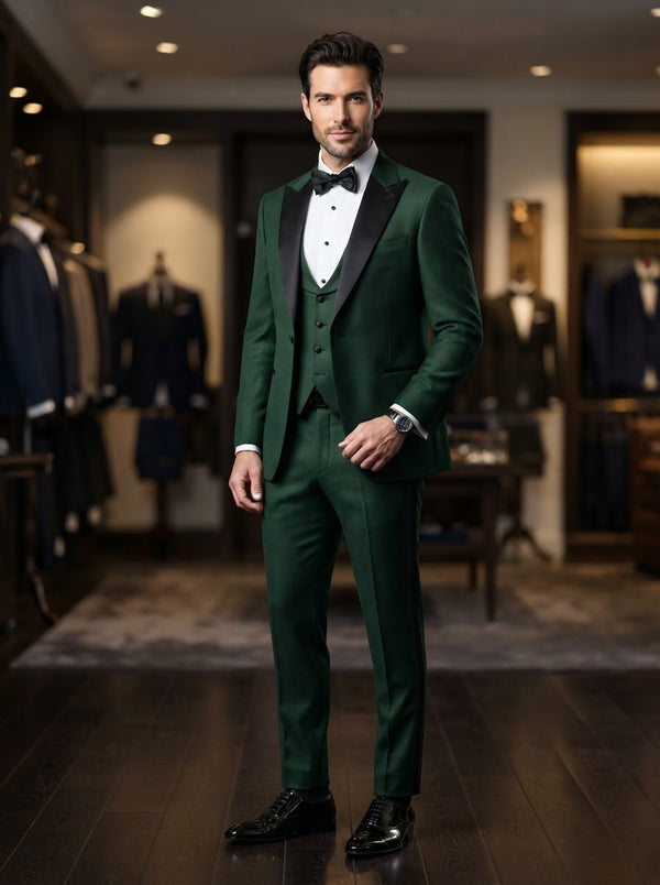 Tux-PK 3PC Peak Lapel Tuxedo — Hunter Green Super 180s Wool