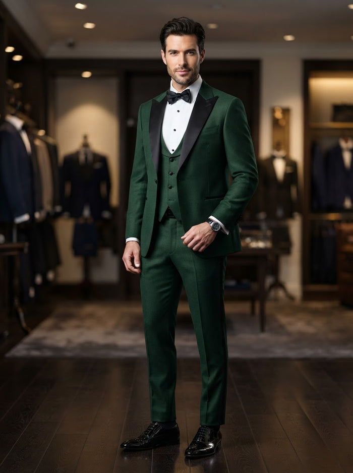 Tux-PK 3PC Peak Lapel Tuxedo — Hunter Green Super 180s Wool