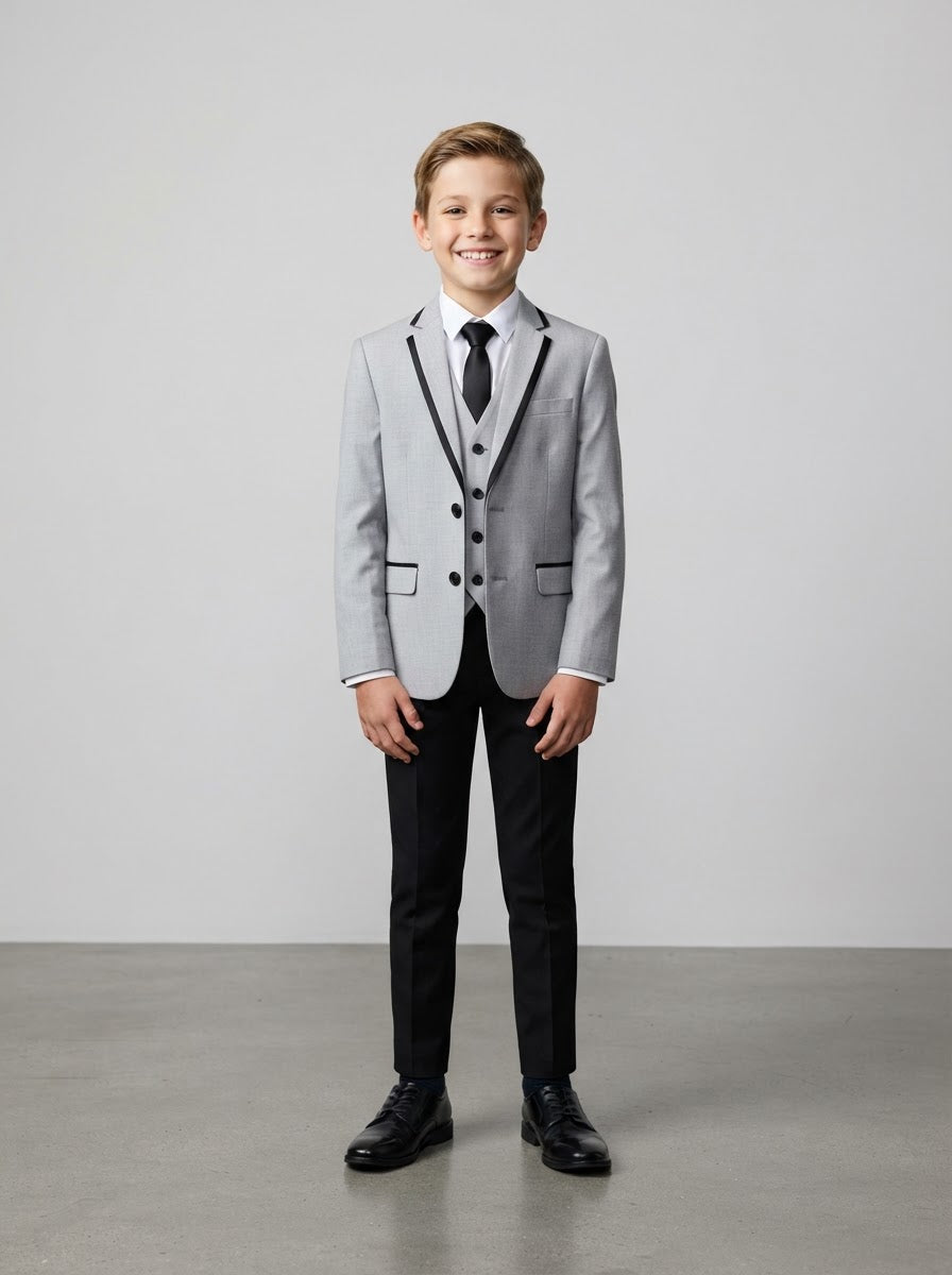 B369S Boy Solid 4PC Suit Set — Light Grey w/ Black Satin Notch Lapel
