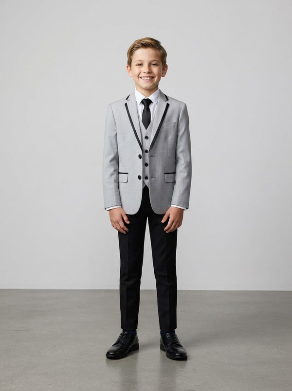 B369S Boy Solid 4PC Suit Set — Light Grey w/ Black Satin Notch Lapel