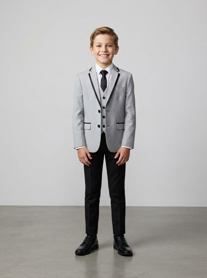 B369S Boy Solid 4PC Suit Set — Light Grey w/ Black Satin Notch Lapel