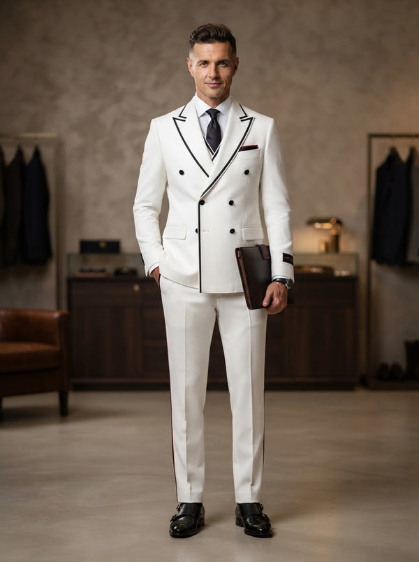 Amedo 3PC Double Breasted Suit — Pure Crisp White Super 200s Italian Wool & Cashmere