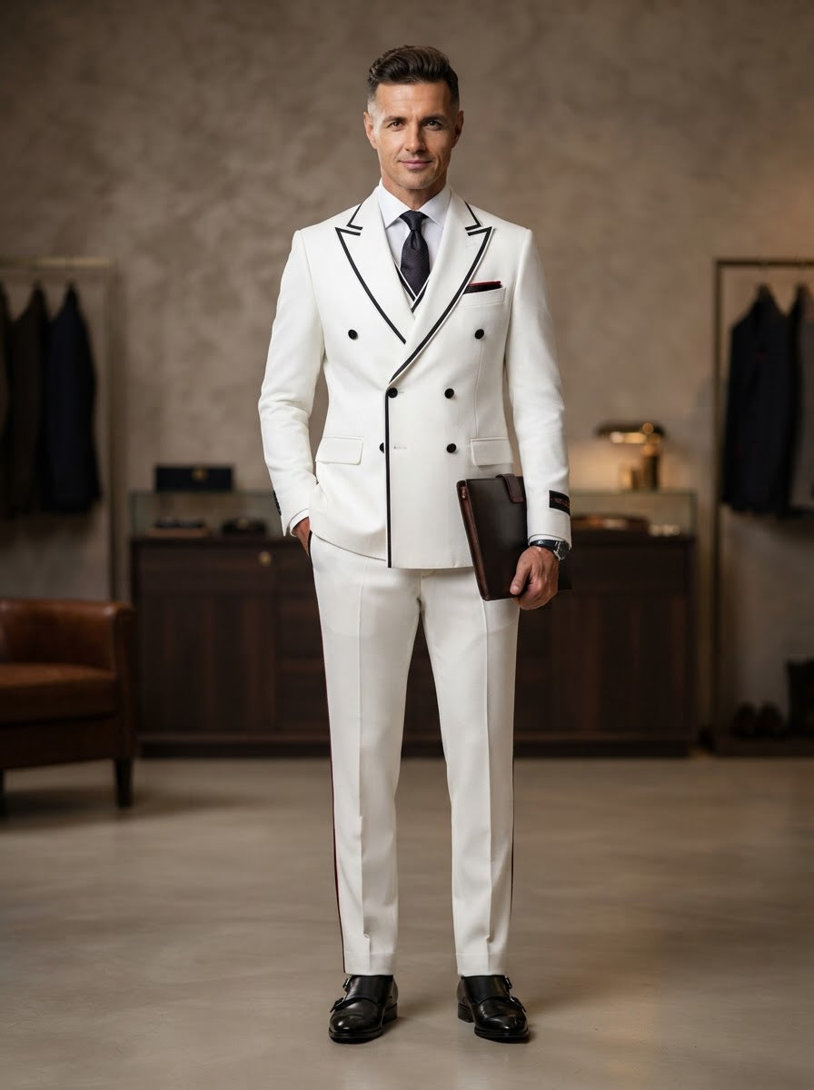 SD-100 Pure White Double Breasted Suit — Pure Crisp White Super 200s Italian Wool